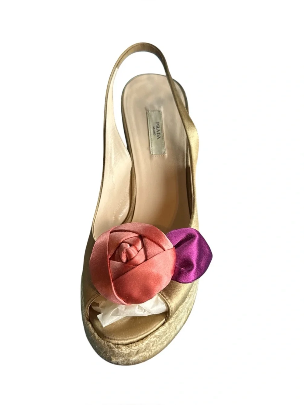 Prada Milano Champagne Satin  Rose Espadrille Wedge  Sandals Size 36 US 6
